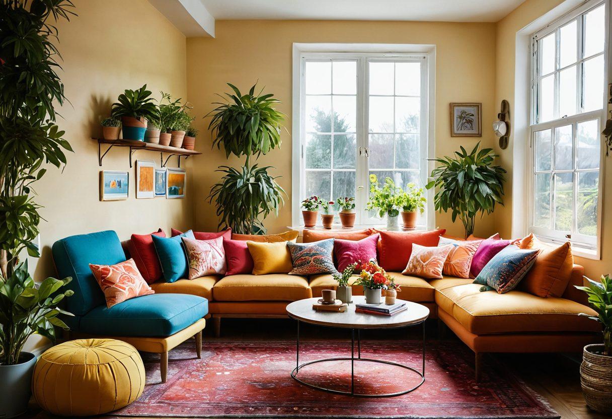 A cozy living room filled with vibrant, joyful furnishings such as colorful cushions, a stylish sofa, and cheerful wall art. Sunlight streams in through large windows, casting warm glows on plants and handmade decorations. The atmosphere is inviting, exuding a sense of peace and happiness. A harmoniously arranged space with an air of creativity and comfort. super-realistic. vibrant colors. warm tones.