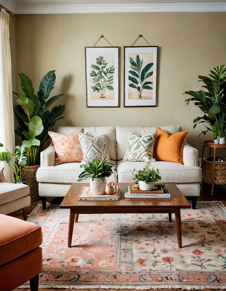 A cozy and inviting living room filled with delightful furnishings, featuring a mix of vintage and modern decor, warm lighting, lush plants, and personal touches like family photos. Add a touch of whimsical patterns on cushions, a soft rug, and a steaming cup of tea on a coffee table to enhance the happy home vibe. super-realistic. vibrant colors. soft focus.