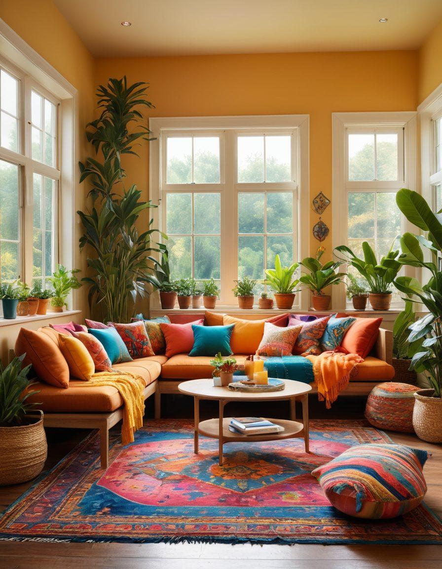 A beautifully decorated living room filled with cheerful decor elements such as vibrant cushions, colorful artwork on the walls, and lush indoor plants. Sunlight streams through large windows, creating a warm and inviting atmosphere. A cozy seating arrangement surrounded by cheerful accents, with soft throws and a rich patterned rug. The space radiates calmness and positivity, perfect for transformation into a blissful retreat. super-realistic. vibrant colors. warm lighting.